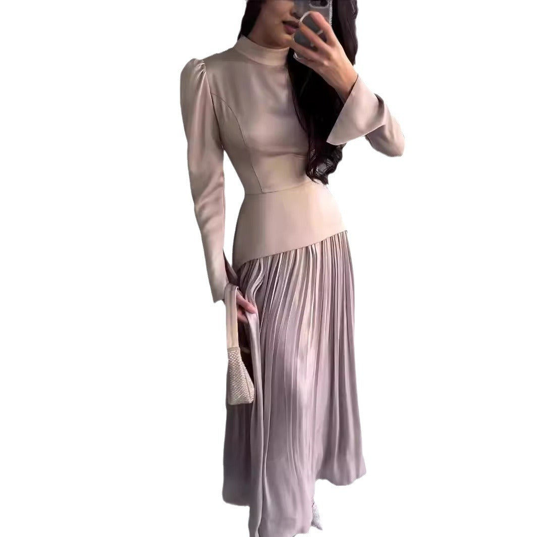 Women's New Color Contrast Patchwork Slim-fit Lace Up Long Sleeve Dress