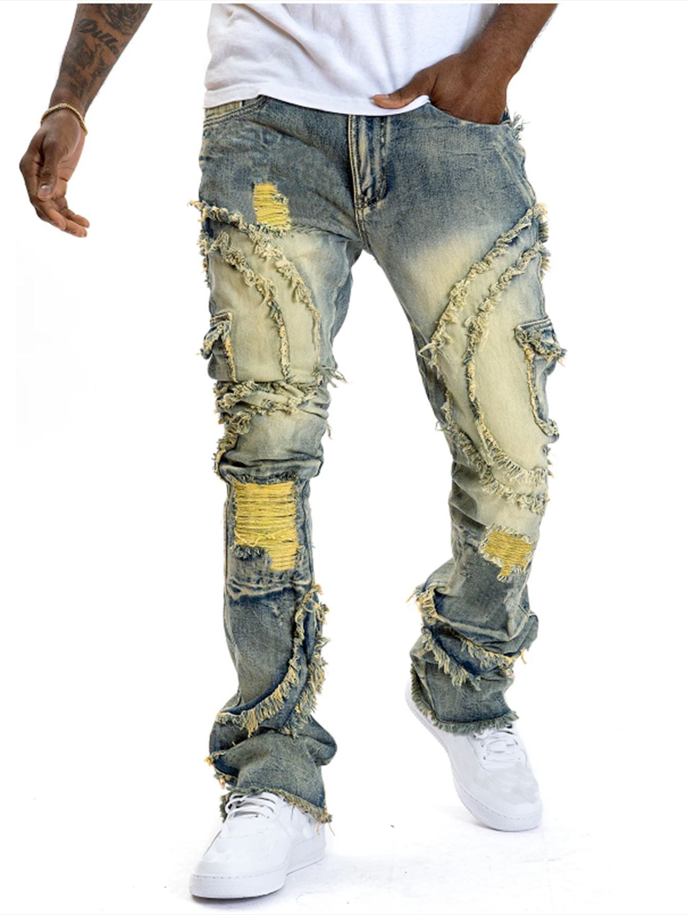 Men's Patchwork Fringe Slightly Flared Stretch Pants