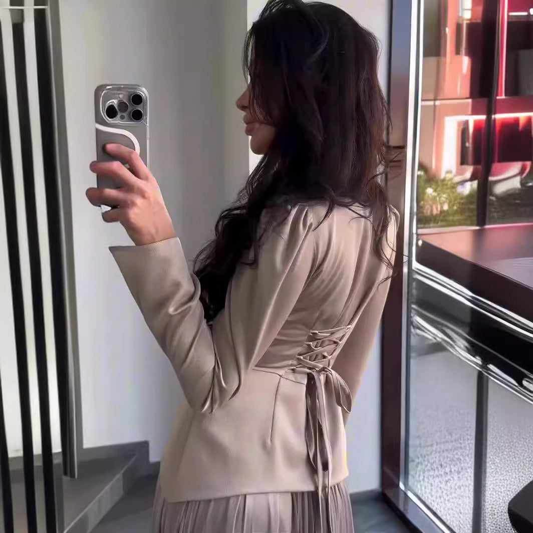 Women's New Color Contrast Patchwork Slim-fit Lace Up Long Sleeve Dress