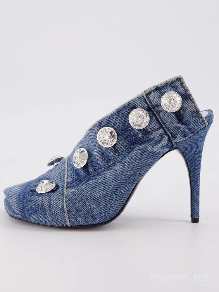 Women's Stiletto Heel Square Toe Denim Metal Rivets - Munsieur