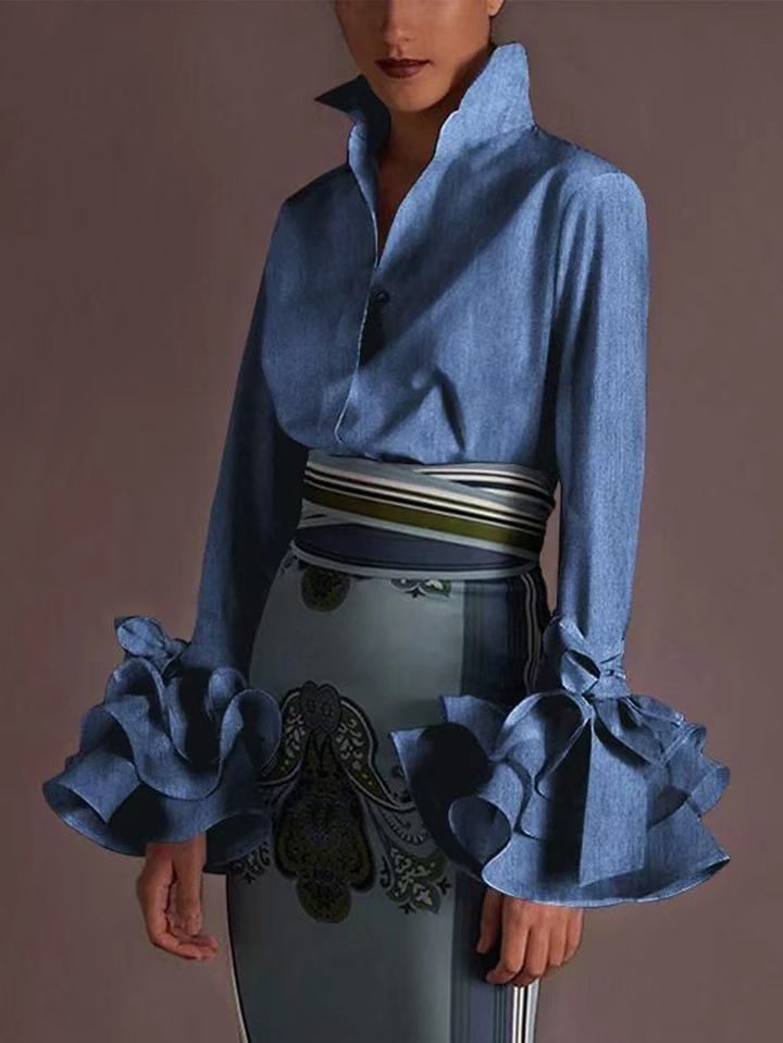 Women's Ruffled Flared Sleeve Pleated Long Sleeve Blouse