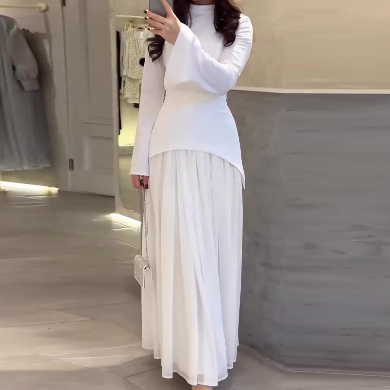 Women's New Color Contrast Patchwork Slim-fit Lace Up Long Sleeve Dress