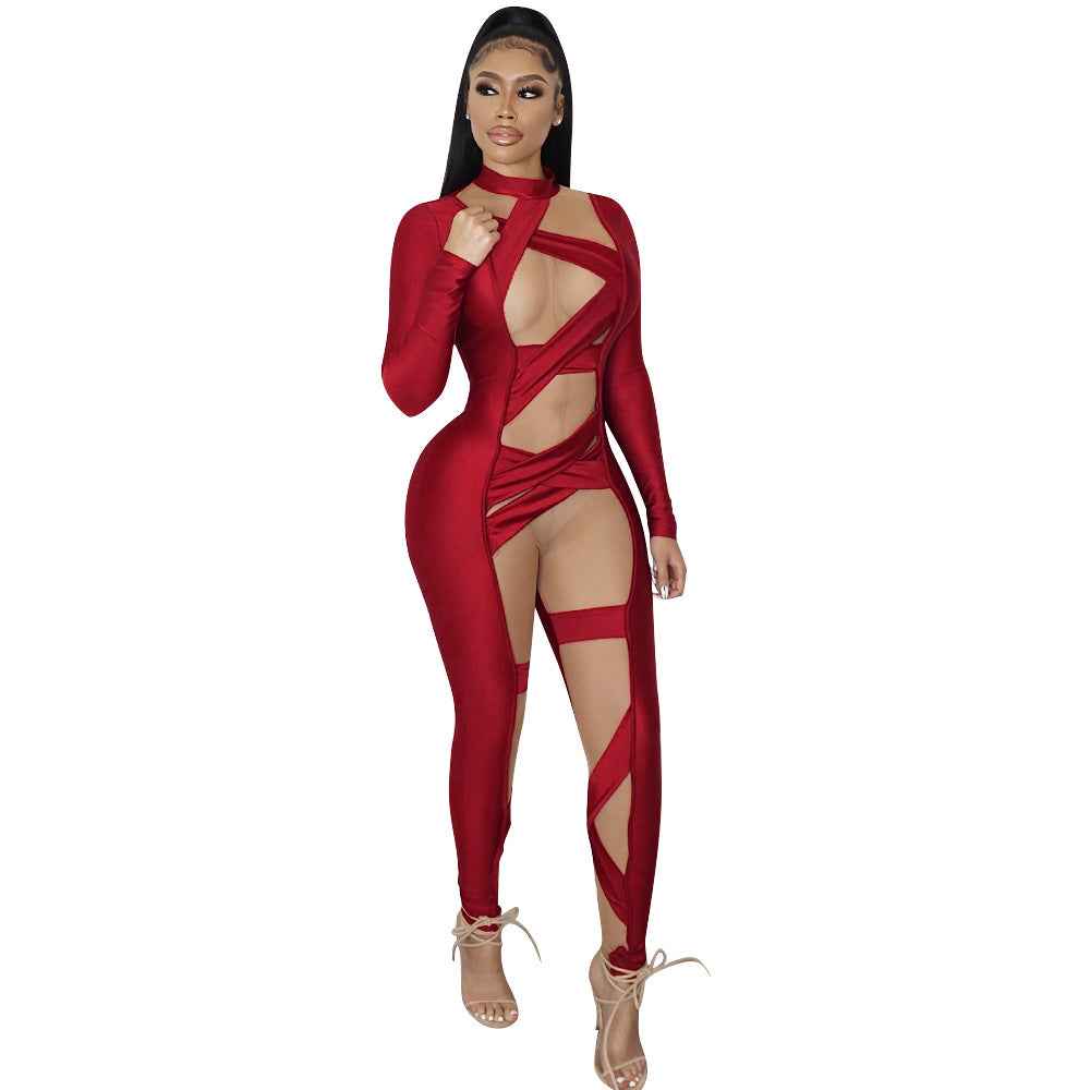 Mesh Bandage Stitched Long Sleeve Jumpsuit for Women