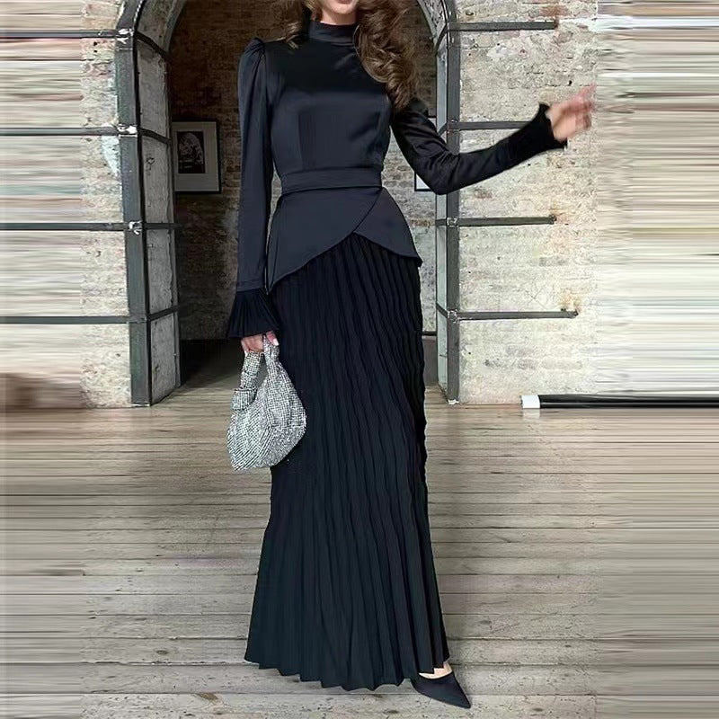 Women's New Color Contrast Patchwork Slim-fit Lace Up Long Sleeve Dress