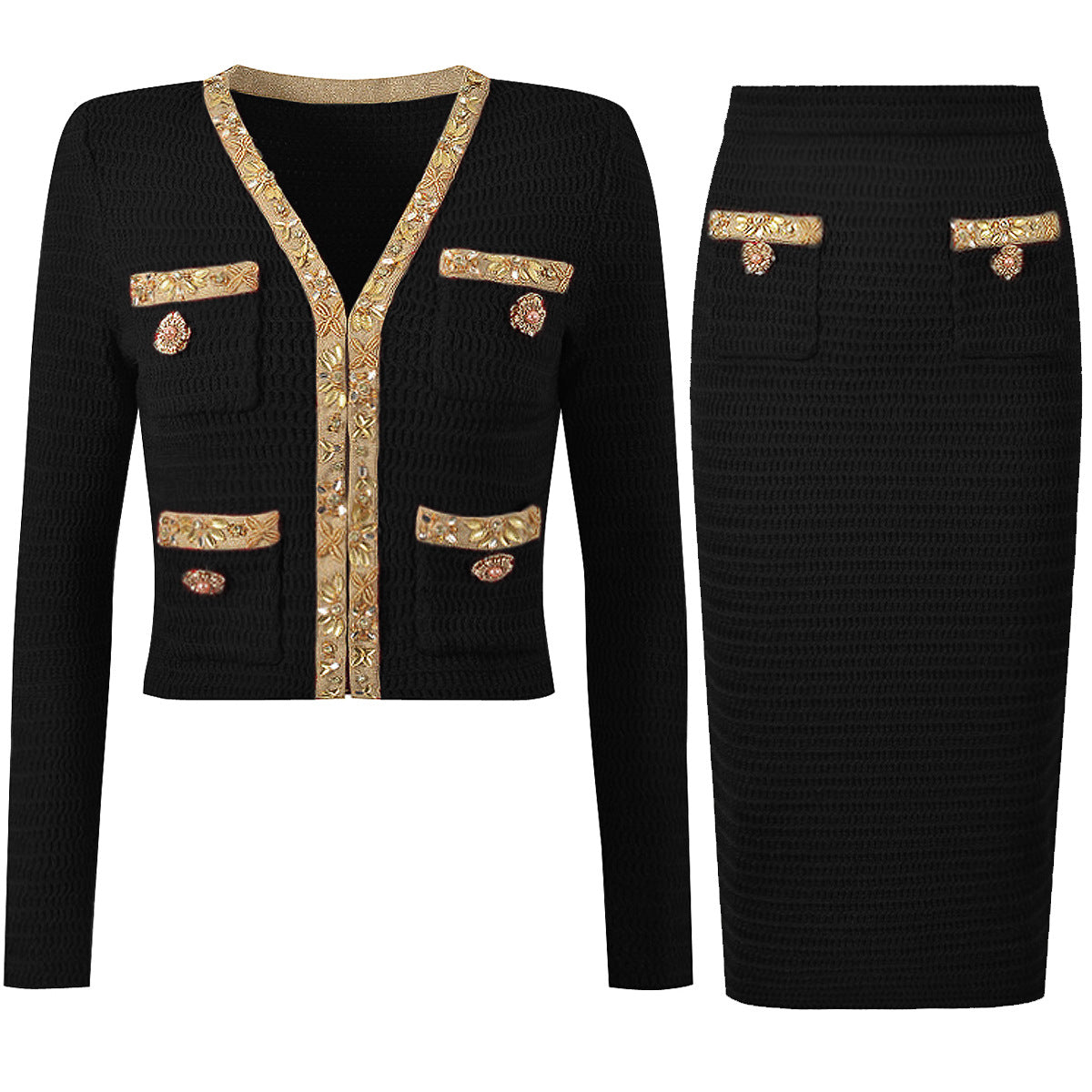 Women's Fashionable Knitted Sequin Bead Cardigan Sweater Set + Hip Skirt