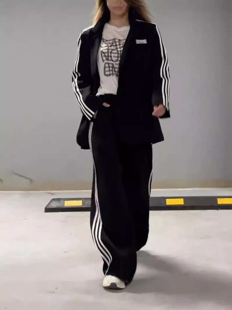 Women's 2pc Tracksuit Activewear Leggings + Jacket Loose Long-sleeved Ribbon Stitching