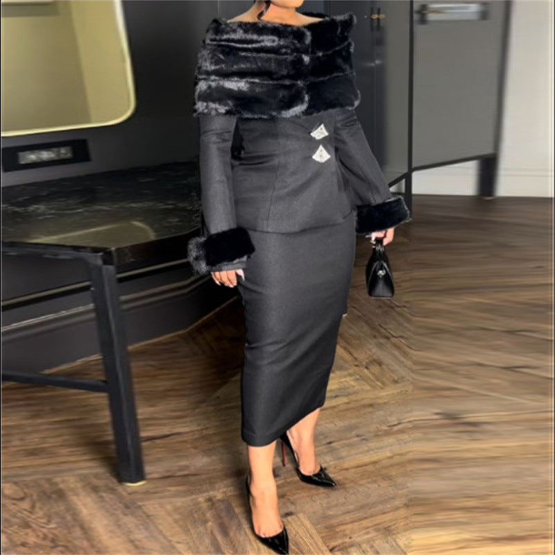 Women's Elegant Style Faux Fur Business Dress For Women