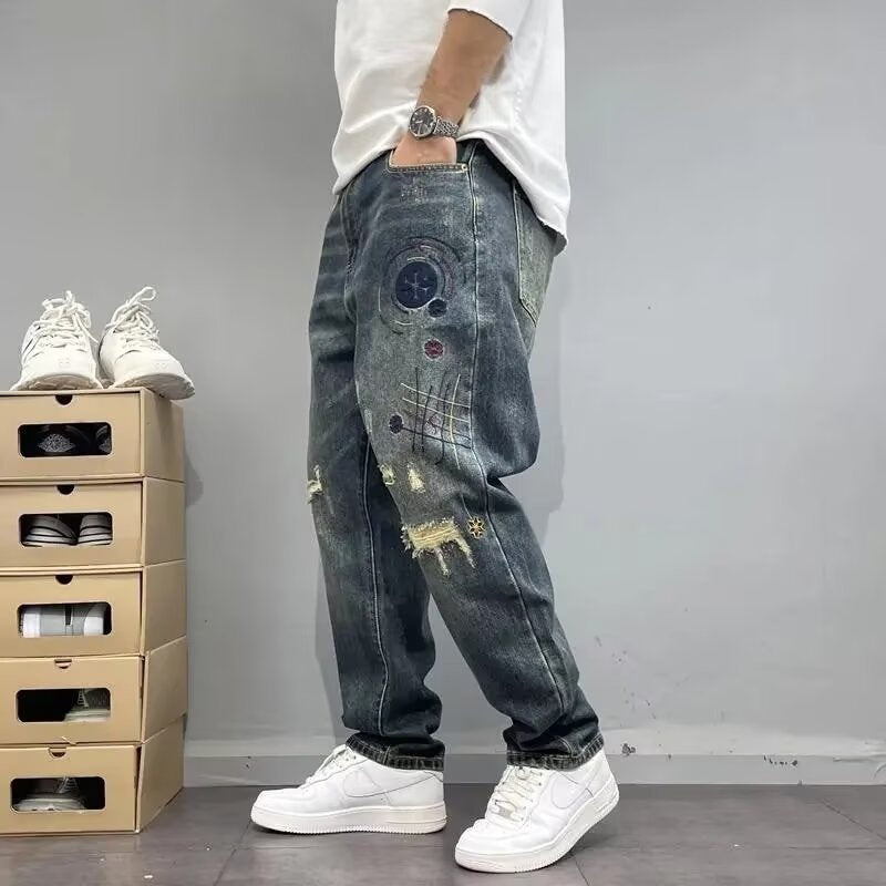 Men's American Style Loose Straight Ripped Spring And Autumn Patch Pants