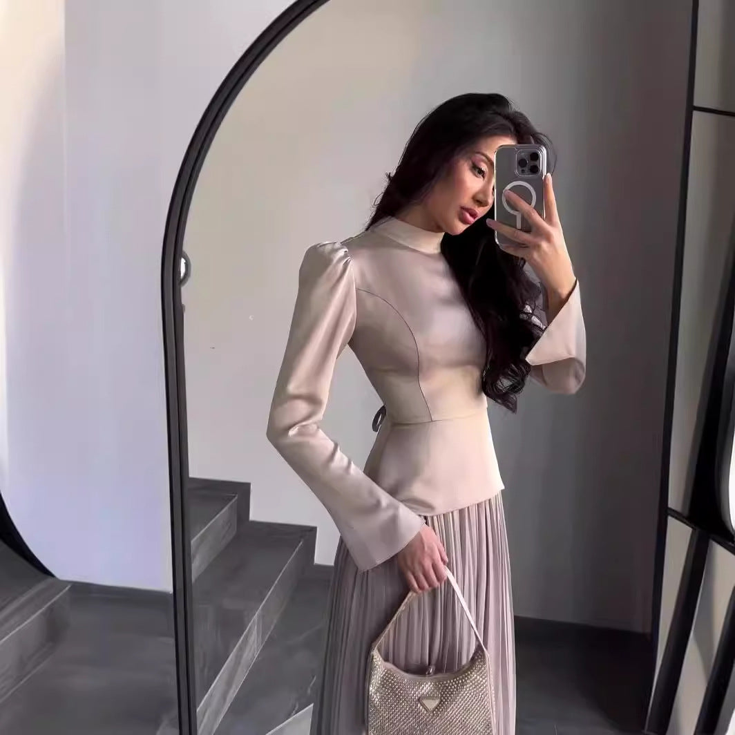 Women's New Color Contrast Patchwork Slim-fit Lace Up Long Sleeve Dress