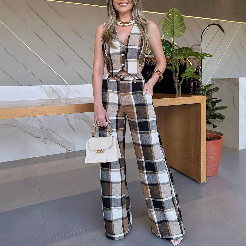 Plaid Sleeveless Vest Straight-leg Bodysuit