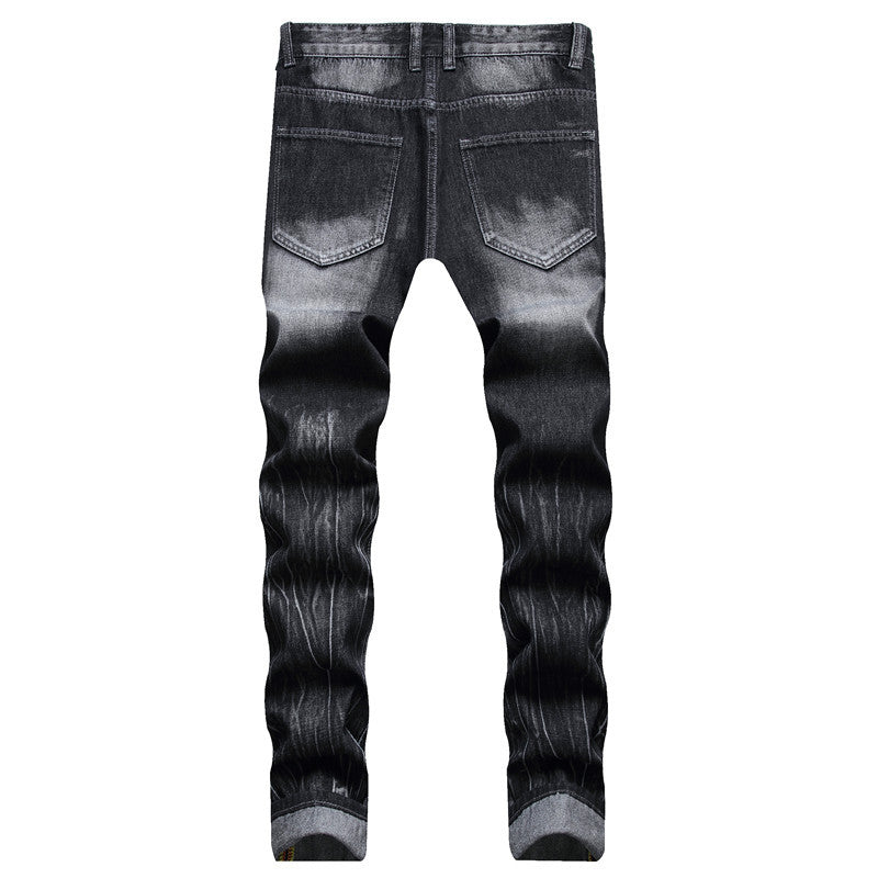 Men's Street Casual Cool Decorative Flower Ripped Pants Straight-leg Four Seasons