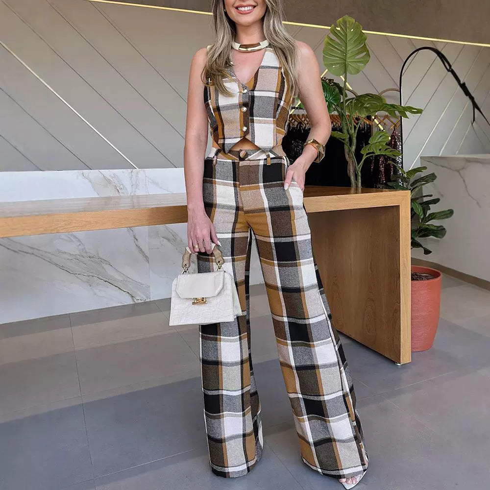 Plaid Sleeveless Vest Straight-leg Bodysuit