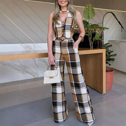 Plaid Sleeveless Vest Straight-leg Bodysuit