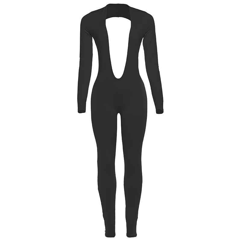 Backless Deep V Plunge Long Sleeve Solid Color Jumpsuit