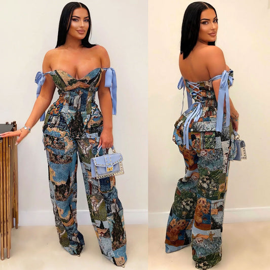 Women's Printed Romper Pattern Strap Drawstring Multi-pocket Bodysuit - Munsieur