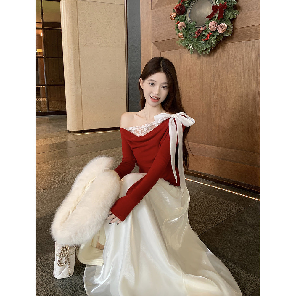 Women's Dress Elegant Autumn And Winter Temperament Lace Stitching Dress