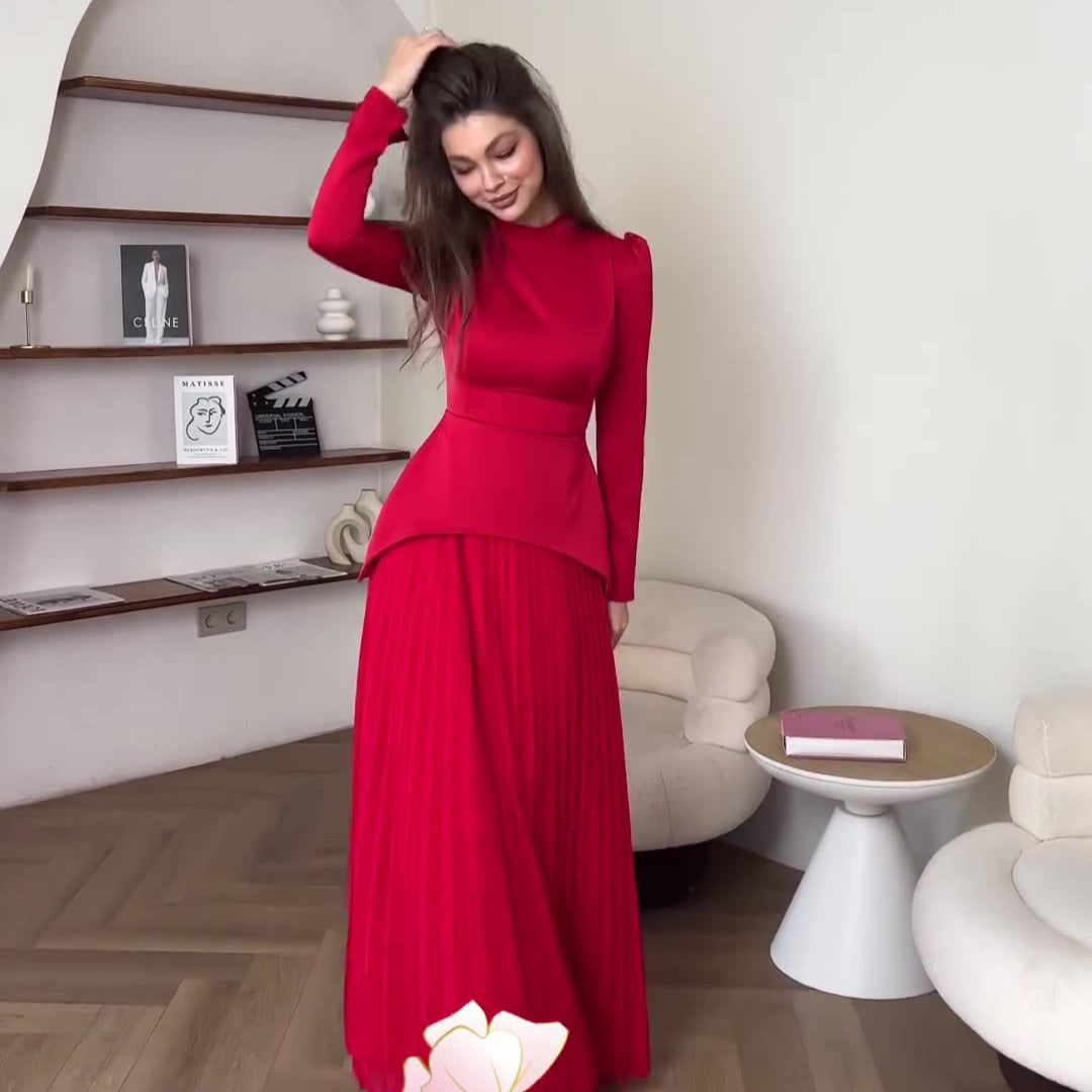 Women's New Color Contrast Patchwork Slim-fit Lace Up Long Sleeve Dress