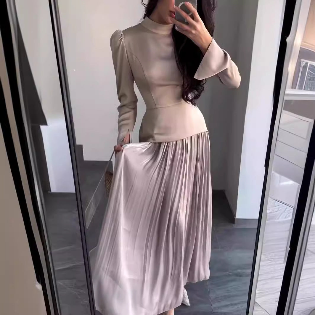 Women's New Color Contrast Patchwork Slim-fit Lace Up Long Sleeve Dress