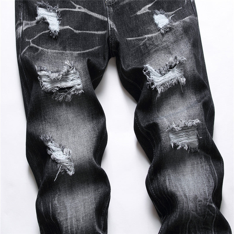Men's Street Casual Cool Decorative Flower Ripped Pants Straight-leg Four Seasons