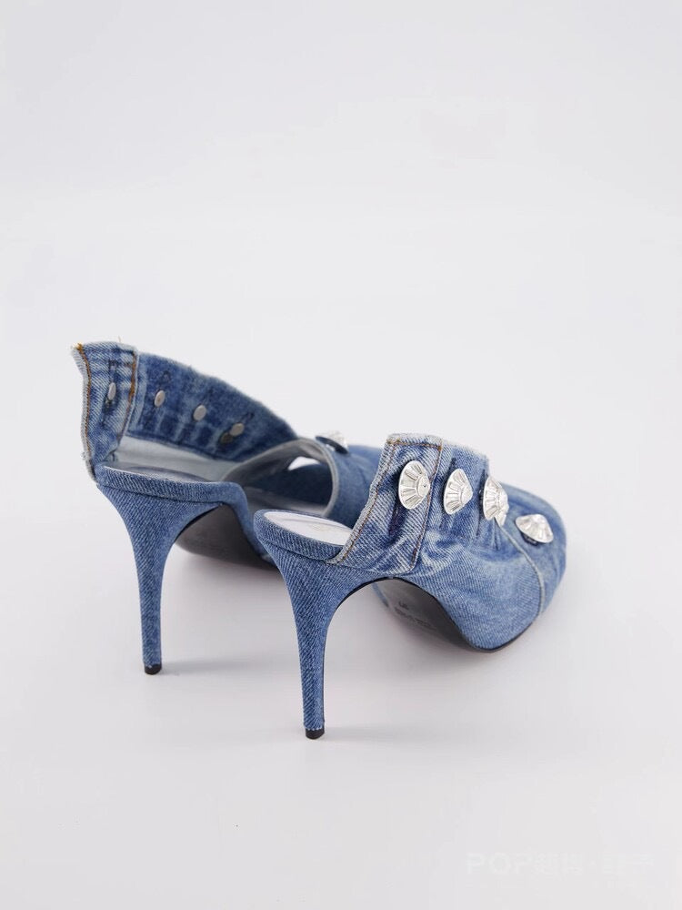 Women's Stiletto Heel Square Toe Denim Metal Rivets - Munsieur