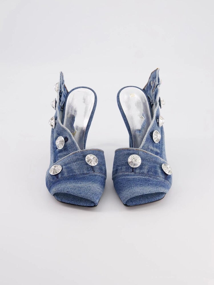 Women's Stiletto Heel Square Toe Denim Metal Rivets - Munsieur