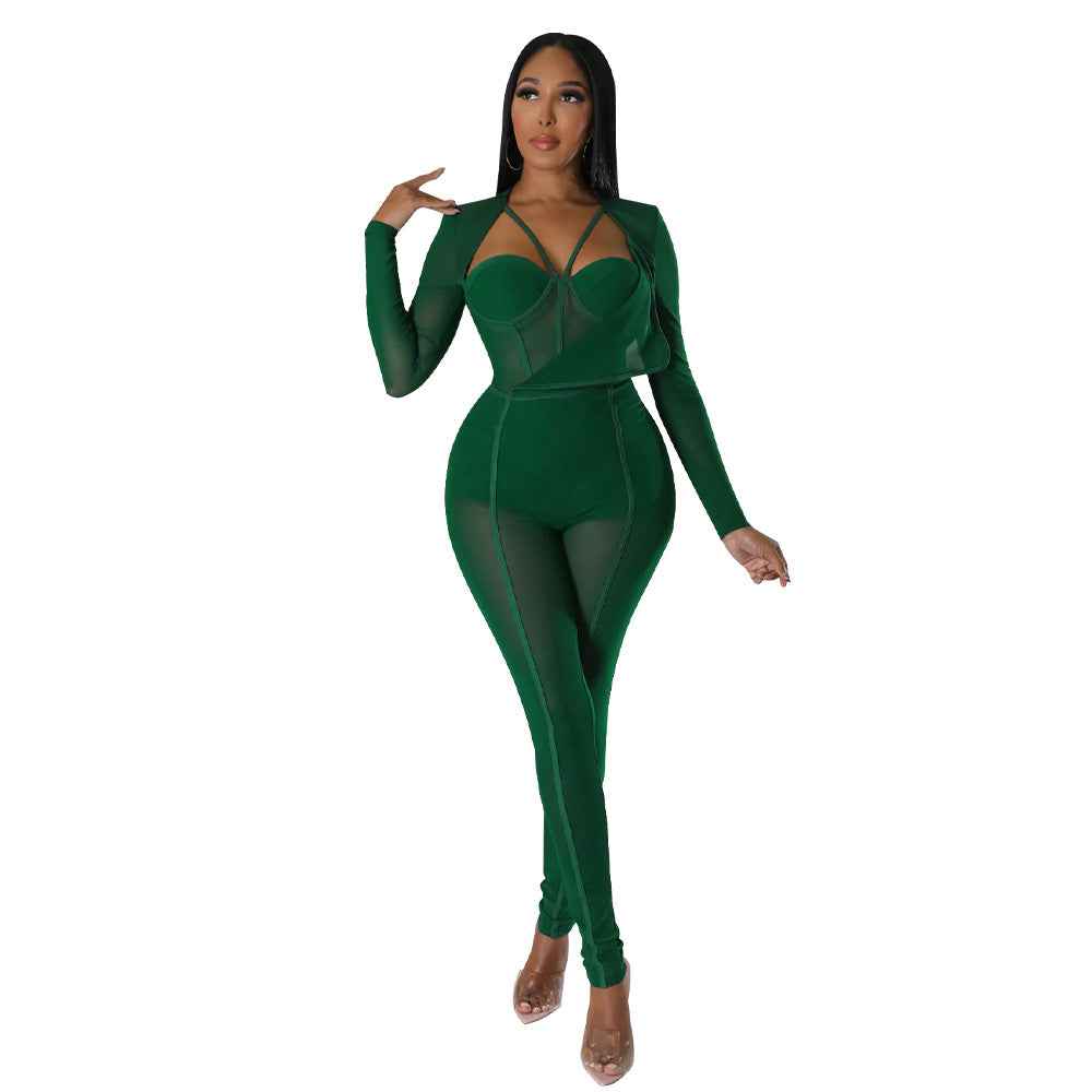 Solid Color Sexy See through Jumpsuit Women