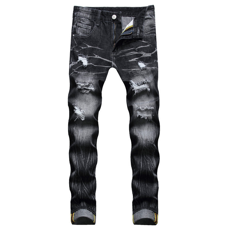 Men's Street Casual Cool Decorative Flower Ripped Pants Straight-leg Four Seasons
