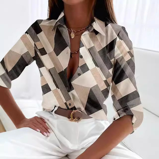 Long Sleeve Button Loose Geometric Digital Printing T-shirt