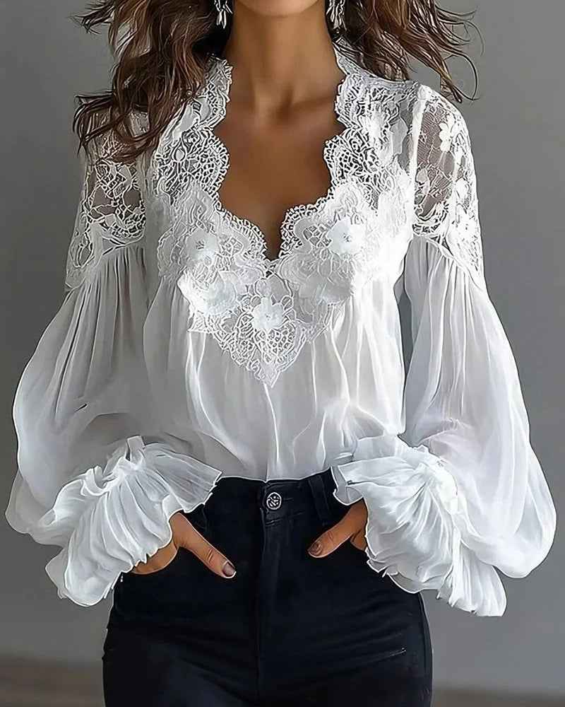 Women's Lace Stitching Puff Sleeve Pleated Blouse
