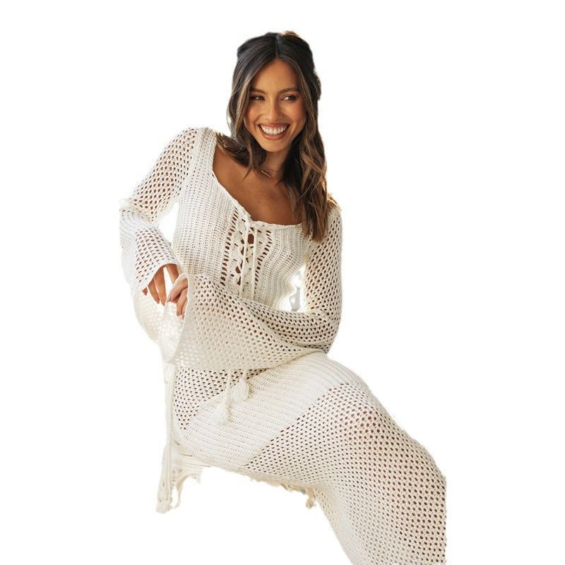 Women's 2pc Solid Color Knitted Hollow-out Skirt Set + Blouse