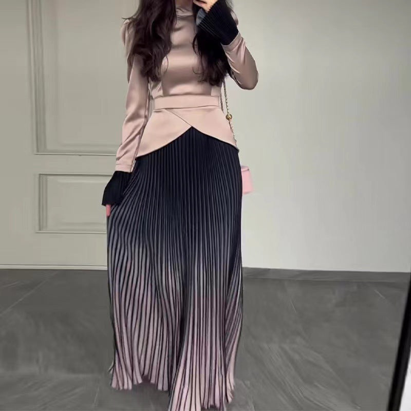 Women's New Color Contrast Patchwork Slim-fit Lace Up Long Sleeve Dress