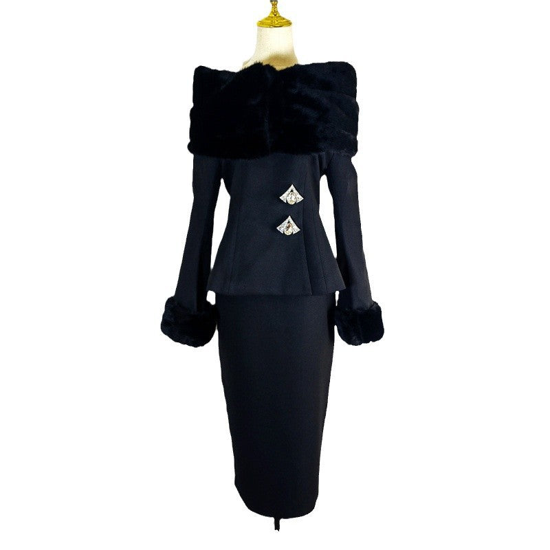 Women's Elegant Style Faux Fur Business Dress For Women