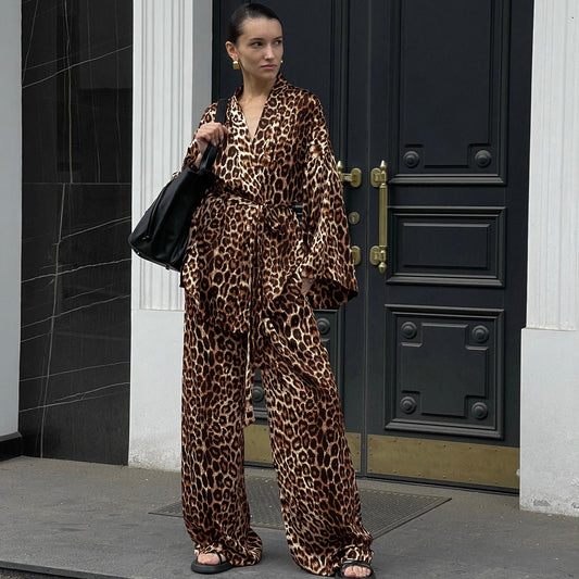 Women's Leopard Print Long-sleeved Bodysuit Lace-up Romper Fashion New Two-piece Set Women's