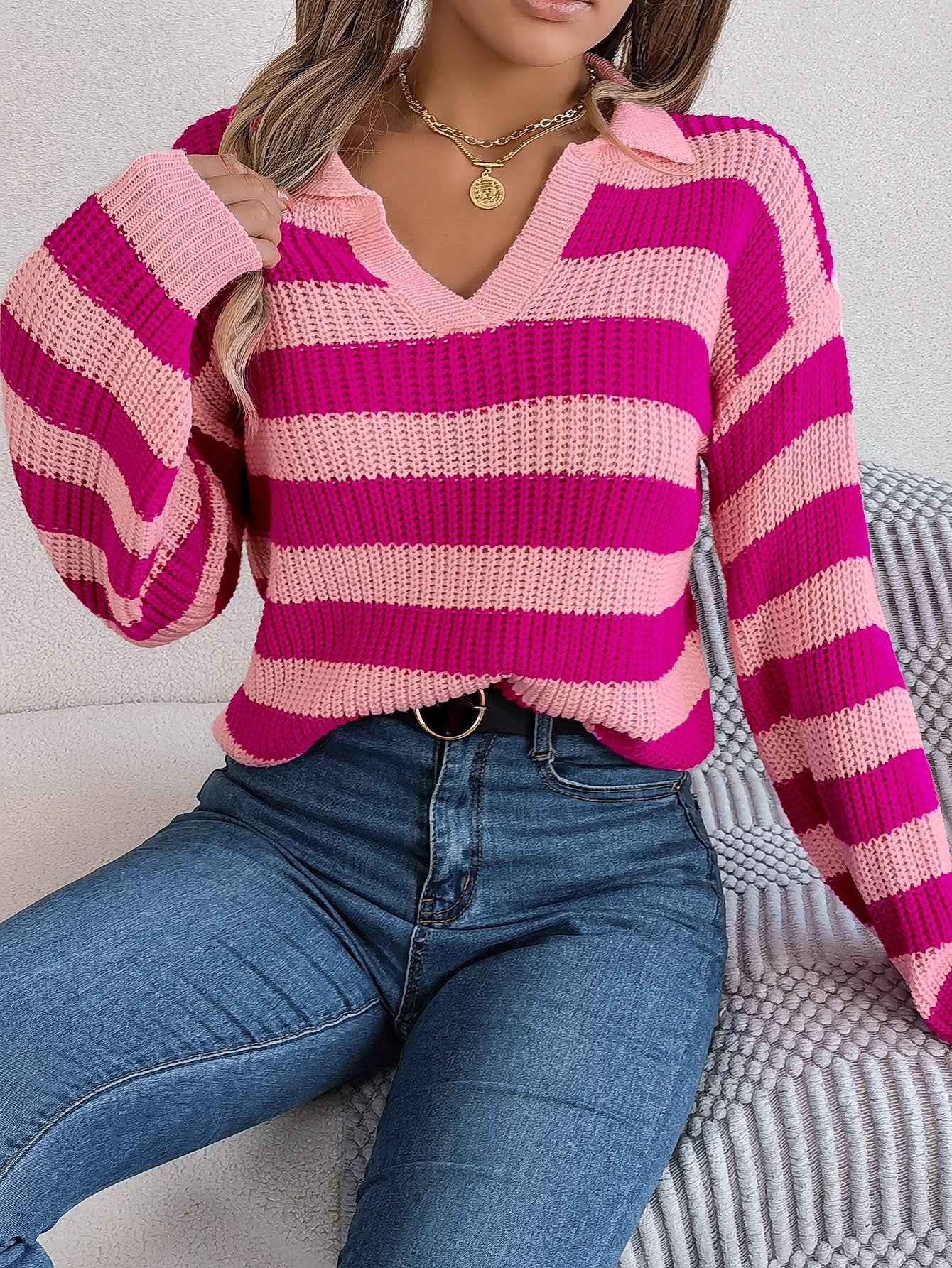 Casual Collar Contrast Color Long Sleeve Knitted Pullover Sweater