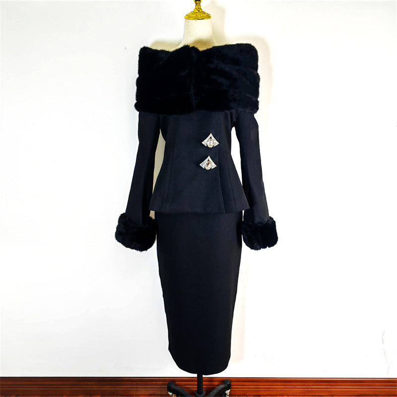 Women's Elegant Style Faux Fur Business Dress For Women