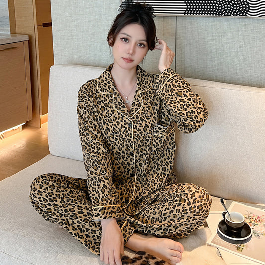 Casual Cheetah Print Silk Lingerie Pajamas