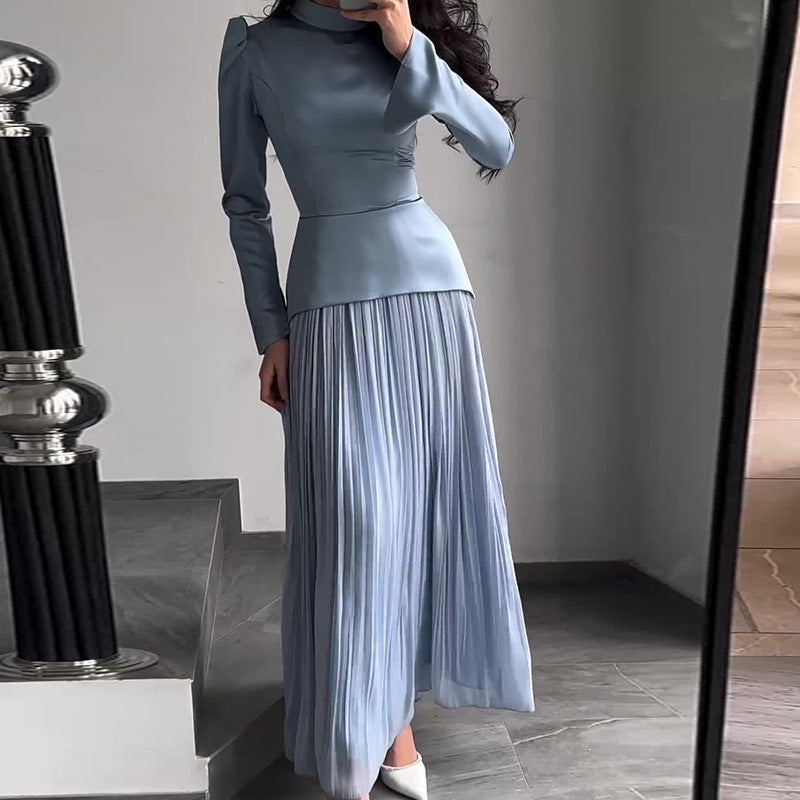 Women's New Color Contrast Patchwork Slim-fit Lace Up Long Sleeve Dress