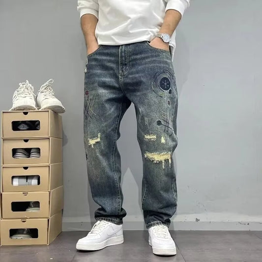 Men's American Style Loose Straight Ripped Spring And Autumn Patch Pants