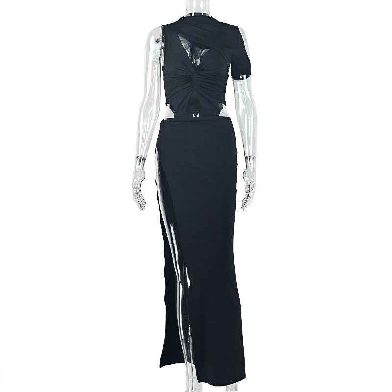 Solid Color Asymmetric Pleated Dress
