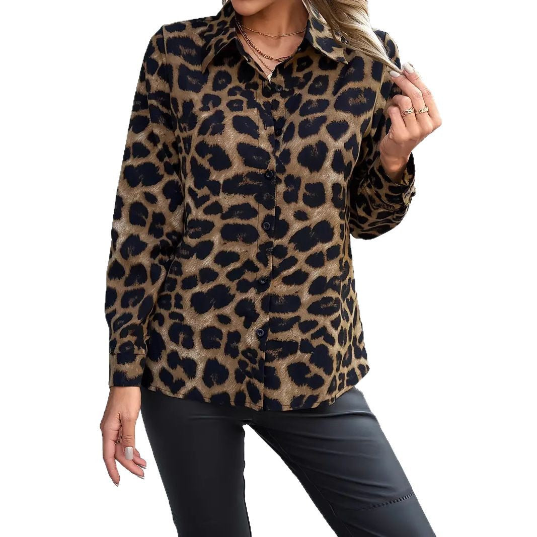 Leopard Print Collar Buckle Women's Casual Long-sleeved T-shirt
