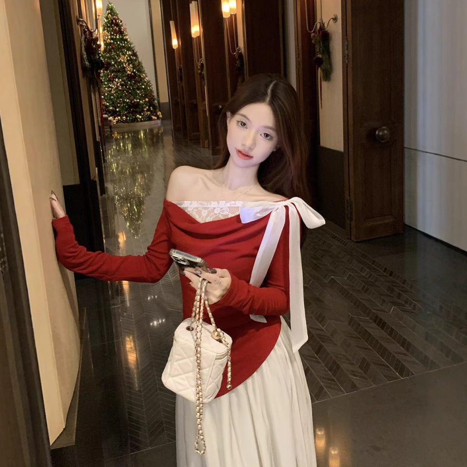 Women's Dress Elegant Autumn And Winter Temperament Lace Stitching Dress