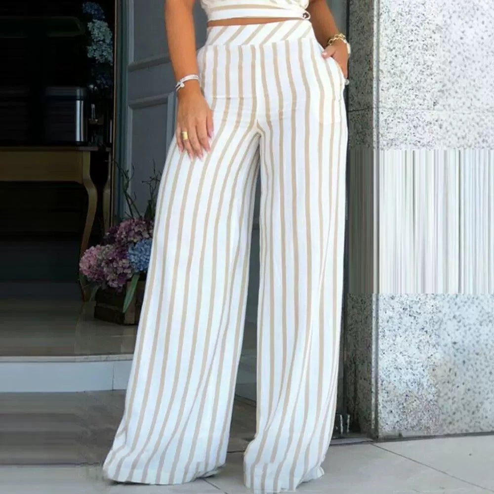 Women's Simple Brown Striped Jumpsuit Romper Bodysuit Set