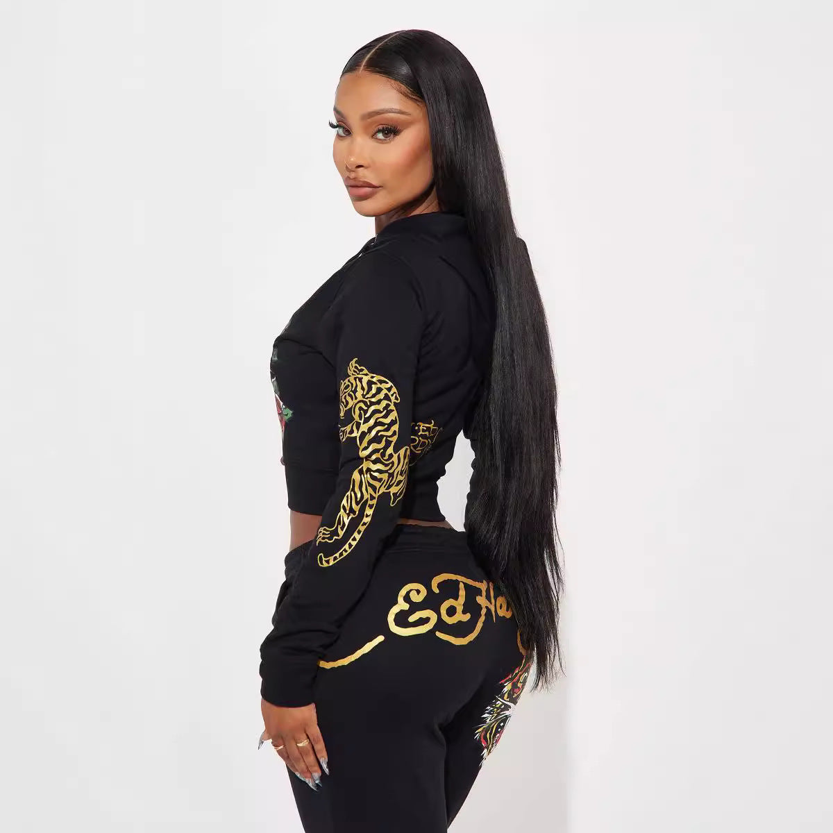 Women's 2pc Fashion Casual And Comfortable Sweatsuit Sweater + Leggings Painted Zipper With Printed Two-piece