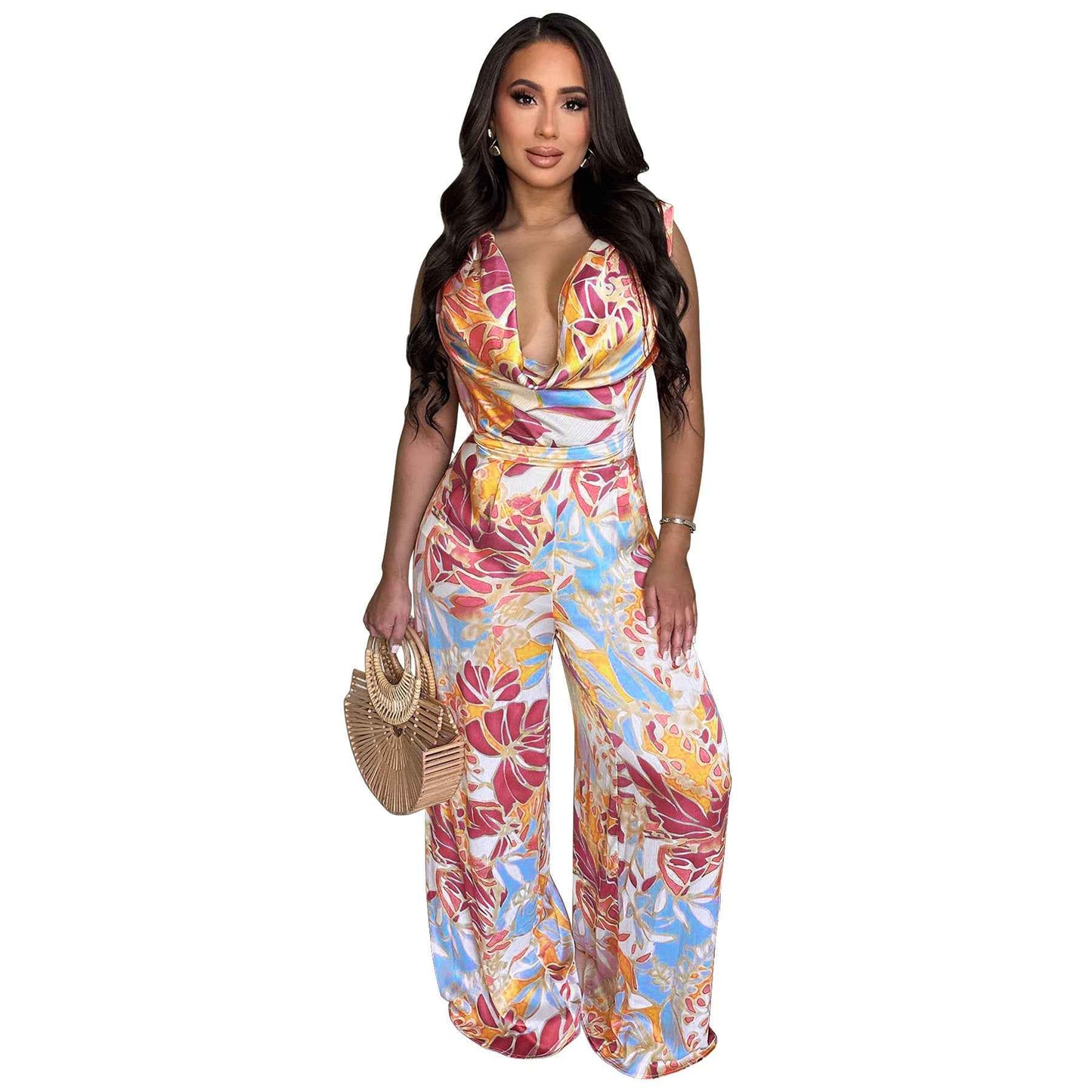 Sleeveless Lace up Wide Leg Printed Jumpsuit