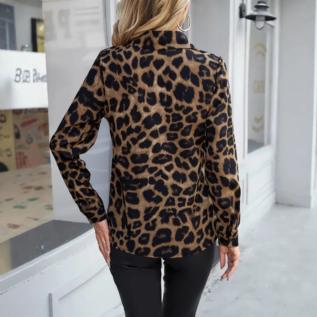 Leopard Print Collar Buckle Women's Casual Long-sleeved T-shirt