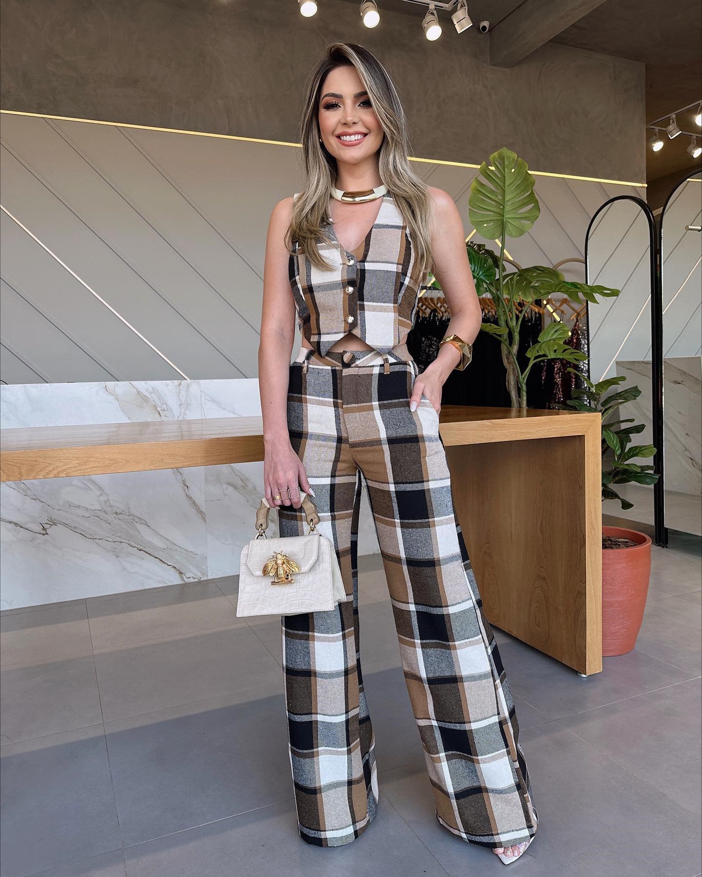 Plaid Sleeveless Vest Straight-leg Bodysuit
