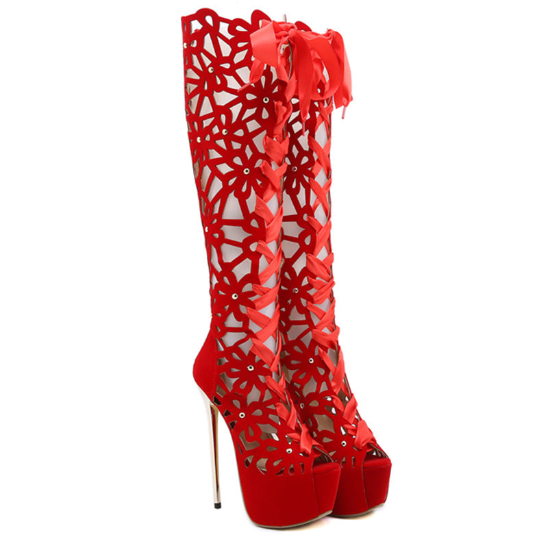 High-top Lace-up Peep Toe Hollow-out High Heels - Munsieur