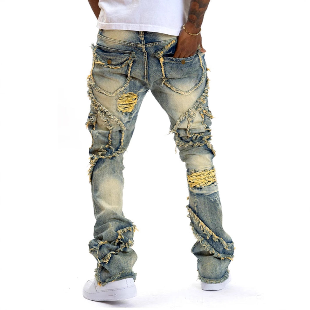 Men's Patchwork Fringe Slightly Flared Stretch Pants
