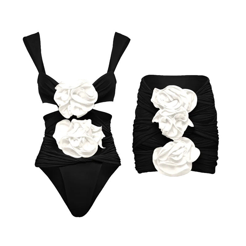 Women's 3pc. Bodysuit Formalwear Flower Beach Hot One-piece Swimsuit