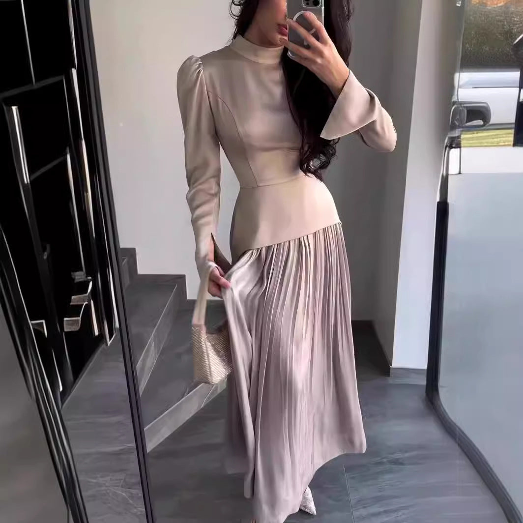 Women's New Color Contrast Patchwork Slim-fit Lace Up Long Sleeve Dress